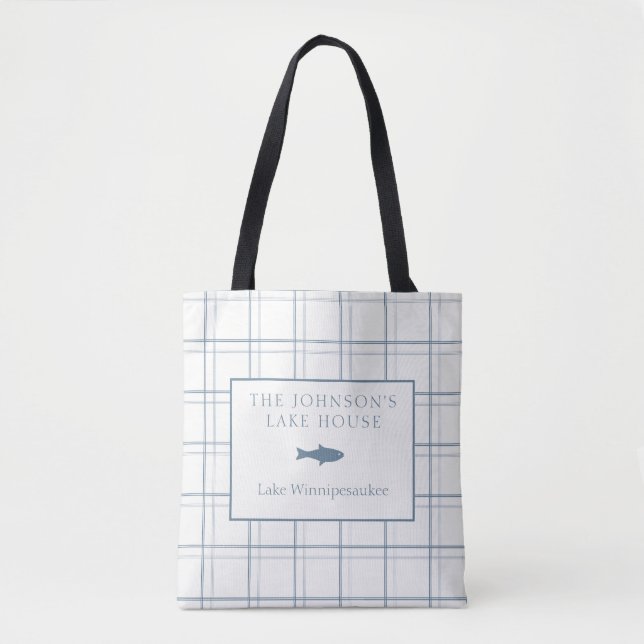 Classic Customizable Plaid Lake House Blue Fish Tote Bag (Front)