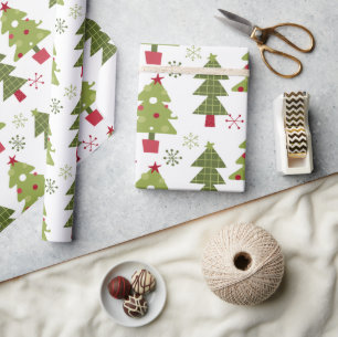 Classic Cute Christmas Trees Green White Red Wrapping Paper