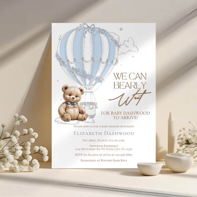Classic Cute Teddy Bear Toile Balloon Baby Shower Invitation (Creator Uploaded)