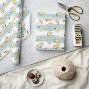 Classic Daisies and Classic Stripe Light Blue  Wrapping Paper