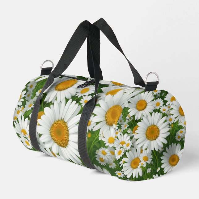 Classic daisy pattern white floral fields greenery duffle bag (Left Corner)