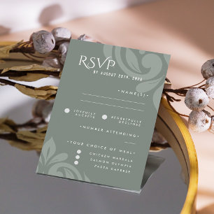 Classic Damask Earthy Sage Photo Wedding RSVP Card