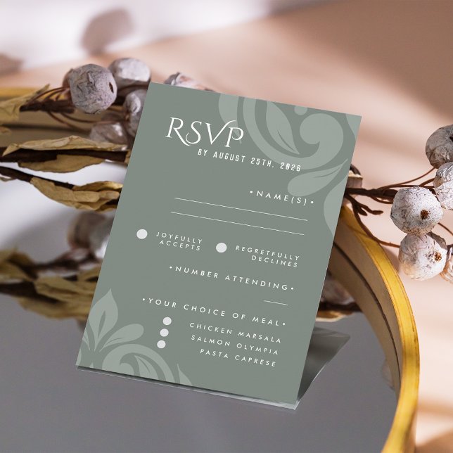 Classic Damask Earthy Sage Photo Wedding RSVP Card (Creator Uploaded)