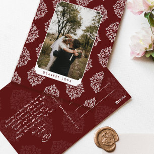 Classic Damask Elegant Script Valentine's Day Card