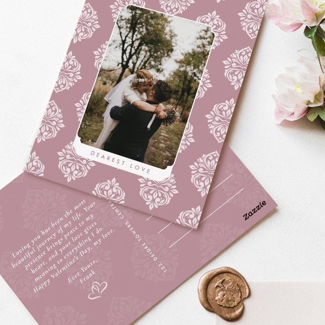 Classic Damask Elegant Script Valentine's Day Card (Creator Uploaded)