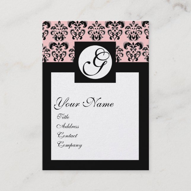 CLASSIC DAMASK SQUARE MONOGRAM ,pink  pearl Business Card (Front)