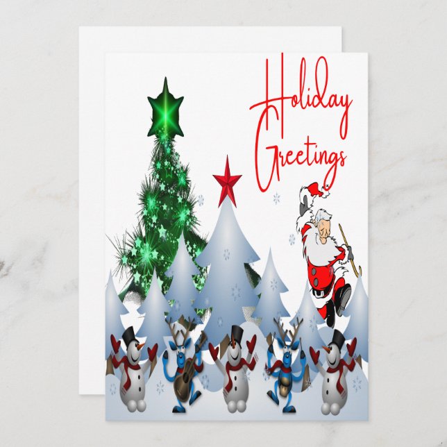 Classic Dancing Santa and Reindeer Holiday Card (Front/Back)