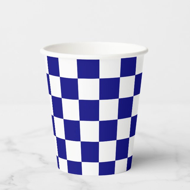 Classic Dark Blue and White Chequerboard Pattern Paper Cups (Front)