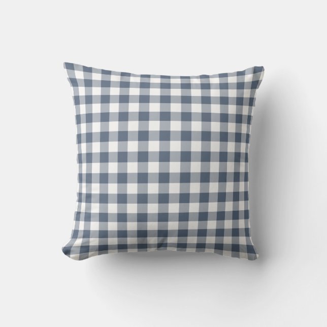 Classic Dark Blue and White Gingham Pattern Throw Pillow (Front)