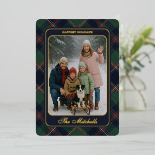 Classic Dark Blue Red Green Plaid Pattern Gold Foil Holiday Card