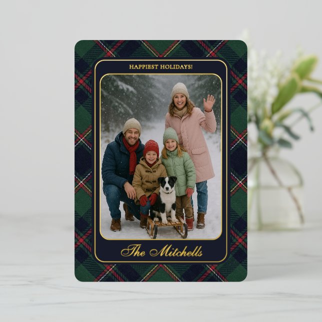 Classic Dark Blue Red Green Plaid Pattern Gold Foil Holiday Card (Standing Front)