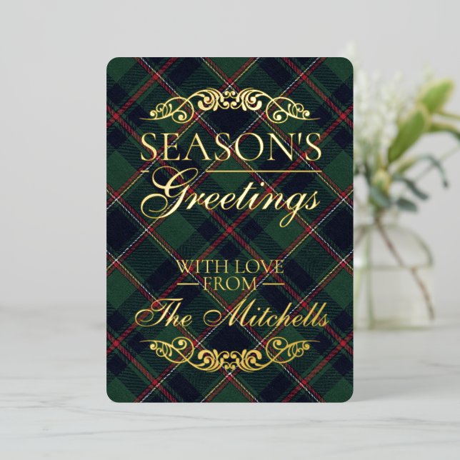 Classic Dark Blue Red Green Plaid Pattern Gold Foil Holiday Card (Standing Front)