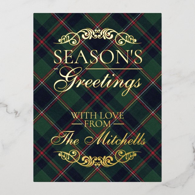 Classic Dark Blue Red Green Plaid Pattern Gold Foil Holiday Postcard (Front)