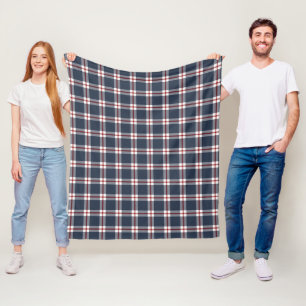 Classic Dark Blue Red White Gingham Plaid Pattern Fleece Blanket