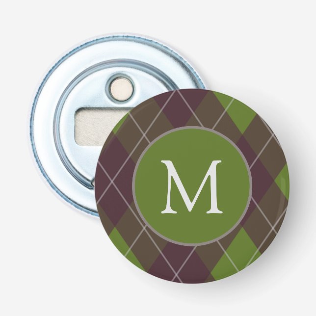 Classic Dark Green Argyle Pattern Monogram Bottle Opener (Front)