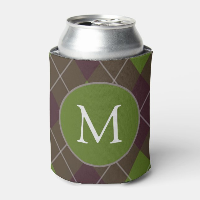 Classic Dark Green Argyle Pattern Monogram Can Cooler (Can Front)