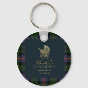 Classic Dark Green Blue Plaid Baby Shower Keychain