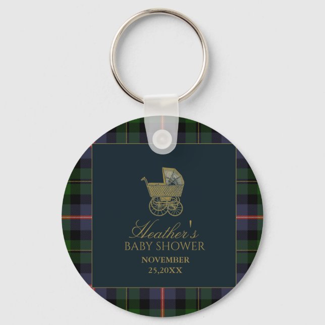 Classic Dark Green Blue Plaid Baby Shower Keychain (Front)