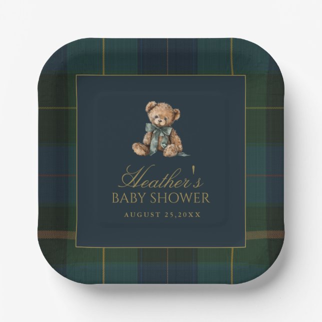 Classic Dark Green & Blue Plaid Baby Shower Paper Plate (Front)