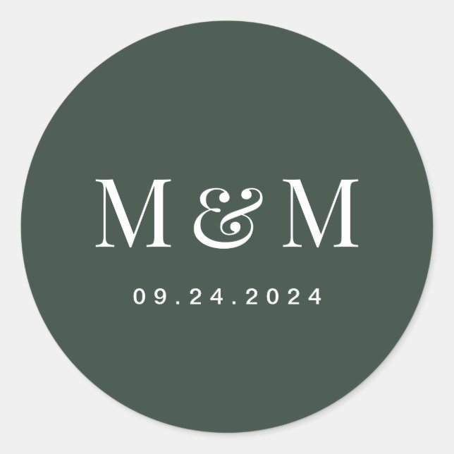 Classic Dark Green Monogram Typography Wedding Round Sticker (Front)