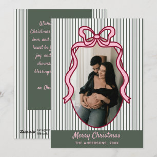 Classic Dark Green Stripes & Pink Bow Christmas Holiday Card