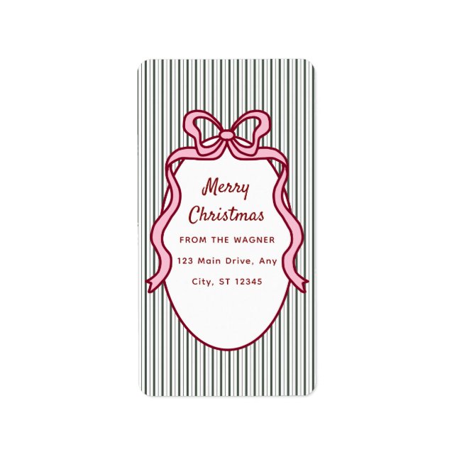 Classic Dark Green Stripes & Pink Bow Christmas Label (Front)