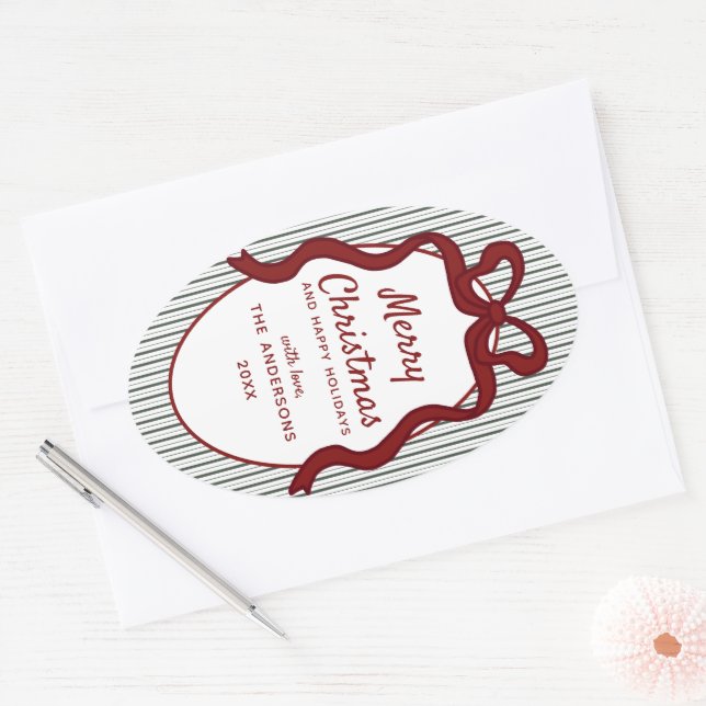 Classic Dark Green Stripes & Red Bow Christmas Oval Sticker (Envelope)