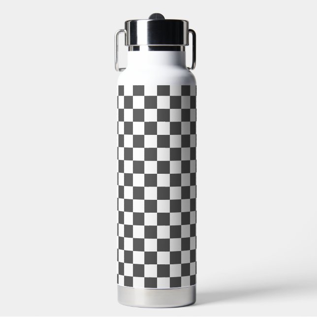 Classic dark grey chequerboard water bottle (Front)