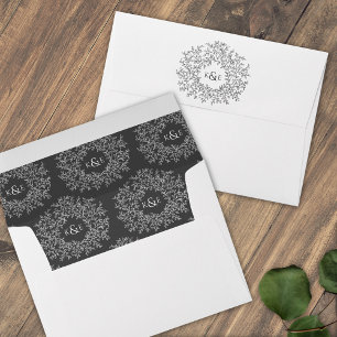Classic dark grey white monogram art wedding envelope