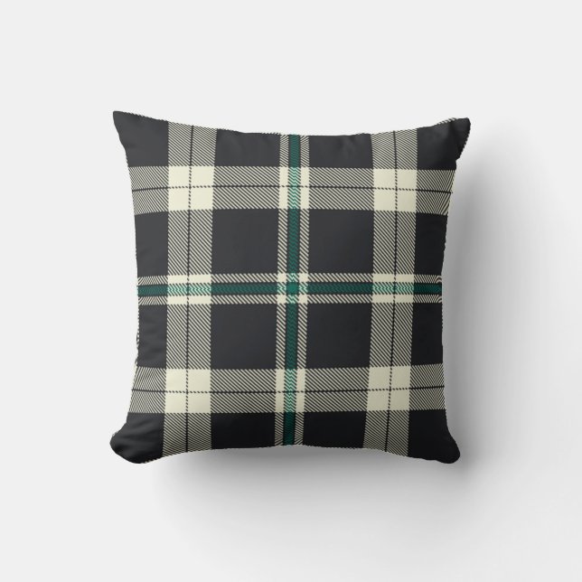 Classic Dark Navy and Green Tartan Plaid Pattern Throw Pillow (Front)