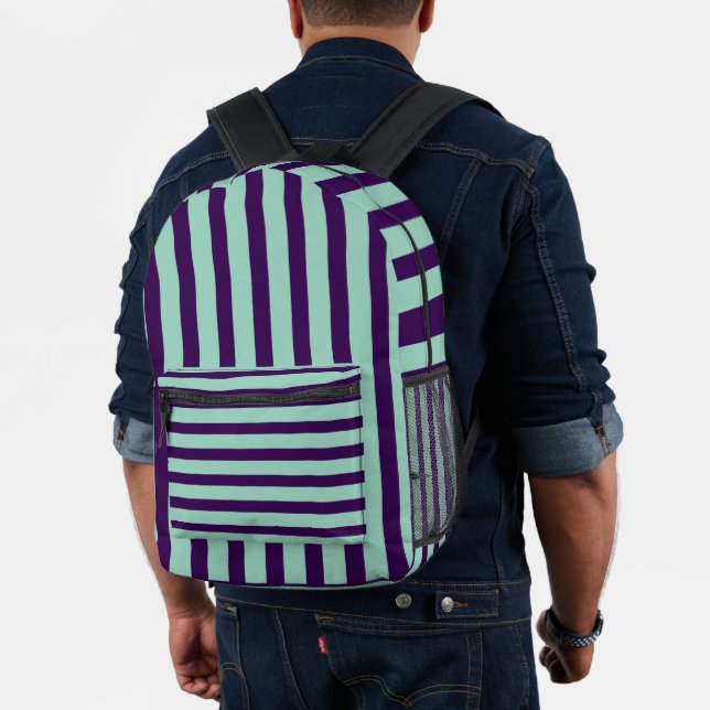 Classic Dark Purple and Light Teal Striped Printed Backpack (Insitu (Model))