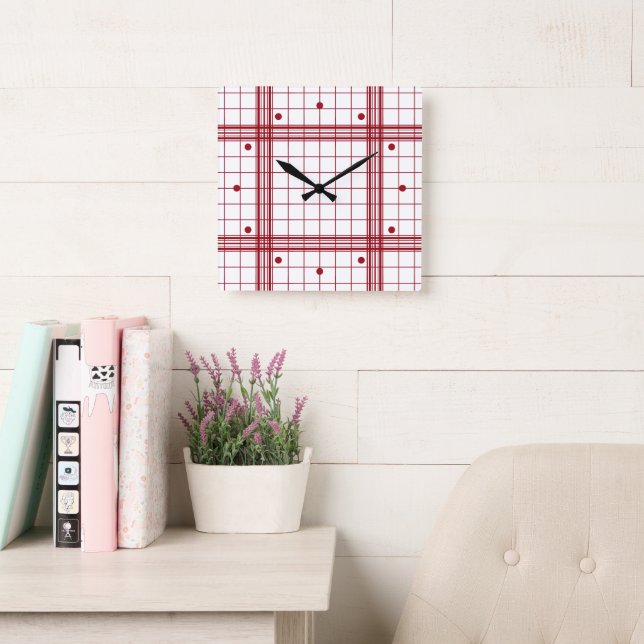 Classic Dark Red Farmhouse Plaid Pattern On White Square Wall Clock (Reading Room)