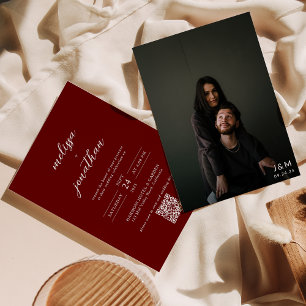 Classic Dark Red Photo Monogram QR Code Wedding Invitation