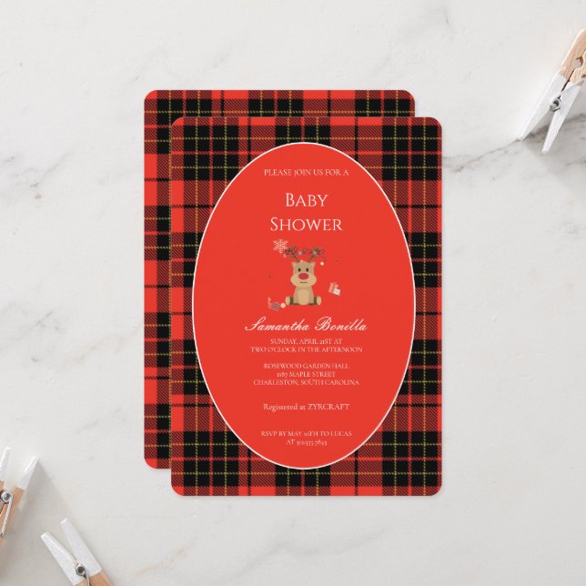 Classic Dark Red Plaid Baby Shower Invitation (Devant/Arrière en situation)