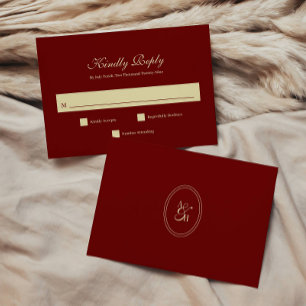 Classic Dark Wine Red Script Monogram Wedding RSVP Card