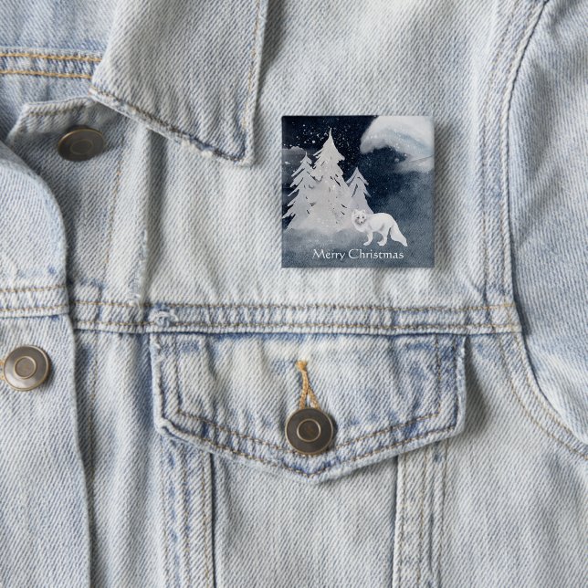 Classic dark winter scene with fox Christmas  2 Inch Square Button (In Situ)