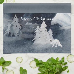 Classic dark winter scene with fox Christmas  Kitchen Towel