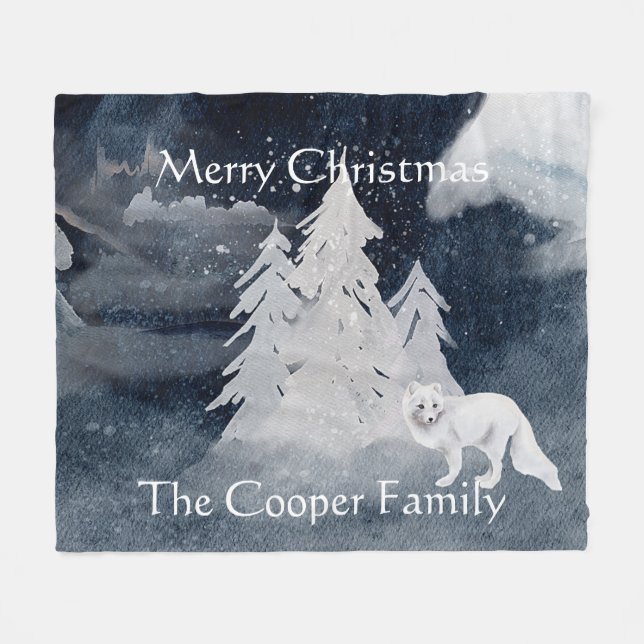 Classic dark winter scene with fox personalized fleece blanket (Front (Horizontal))