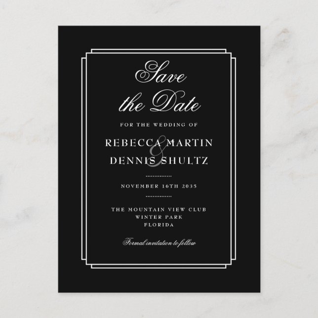 Classic Deco | Black and White Save the Date Postcard (Front)