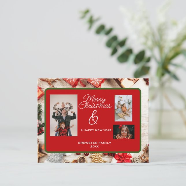 Classic Deco Personalized Christmas Family Photo Holiday Postcard (Standing Front)