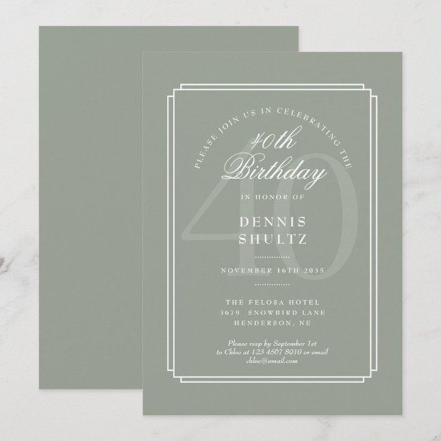 Classic Deco | Sage and White 40th Birthday Invitation (Front/Back)