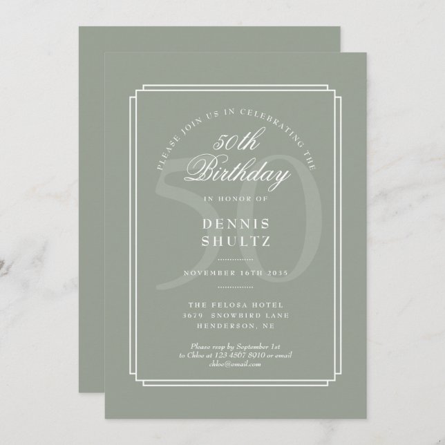 Classic Deco | Sage and White 50th Birthday Invitation (Front/Back)