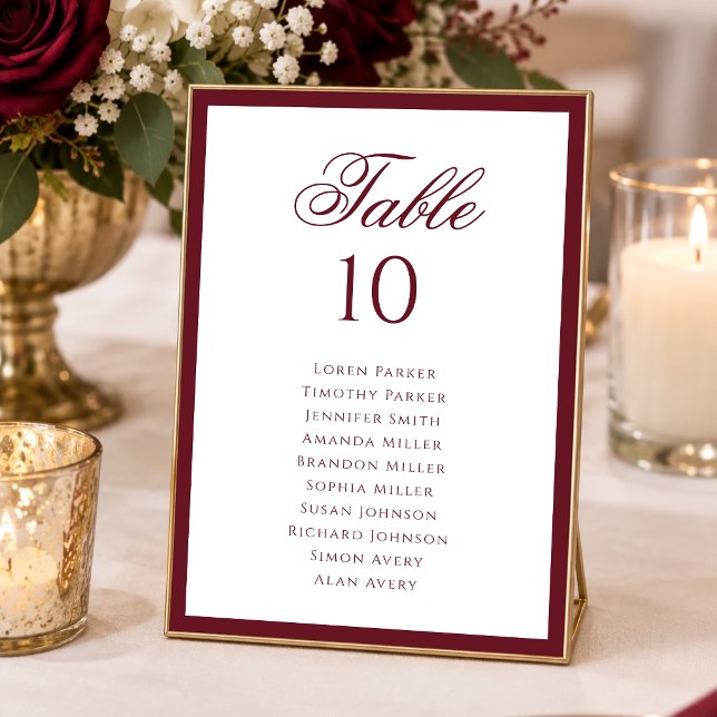 Classic Deep Burgundy Border Wedding Seating Chart Table Number (Creator Uploaded)