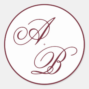 Classic Deep Burgundy Monogram Script Wedding Round Sticker