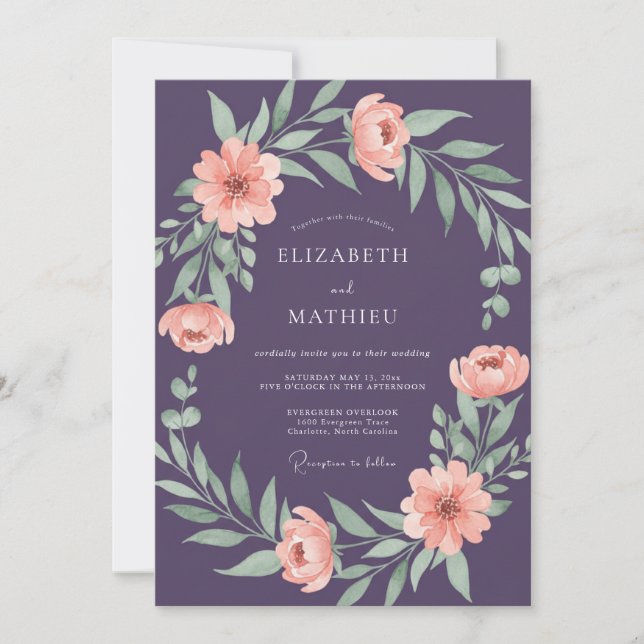 Classic Deep Purple Peony Wedding Invitation (Front)