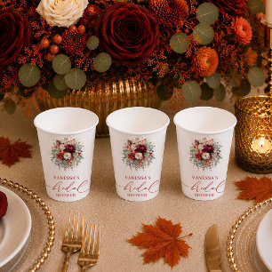 Classic deep red floral autumn bridal shower paper cups