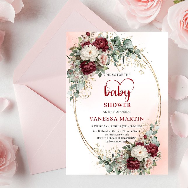 Classic Deep Red Floral Eucalyptus Baby Shower  Invitation (Classic Deep Red Floral Eucalyptus Baby Shower Invite

)