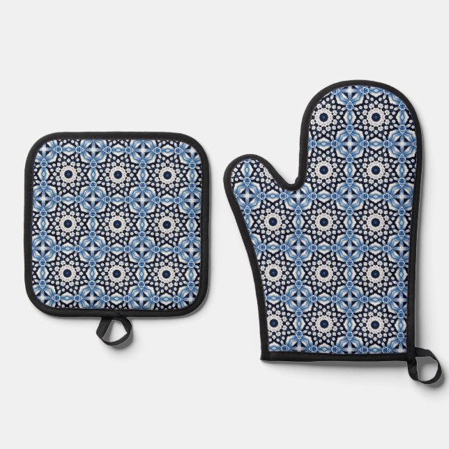 Classic Delft Bloom – Blue and White Floral Tile Oven Mitt & Pot Holder Set (Front)