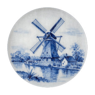 Classic Delft Blue Windmill Canal Scene Cutting Board