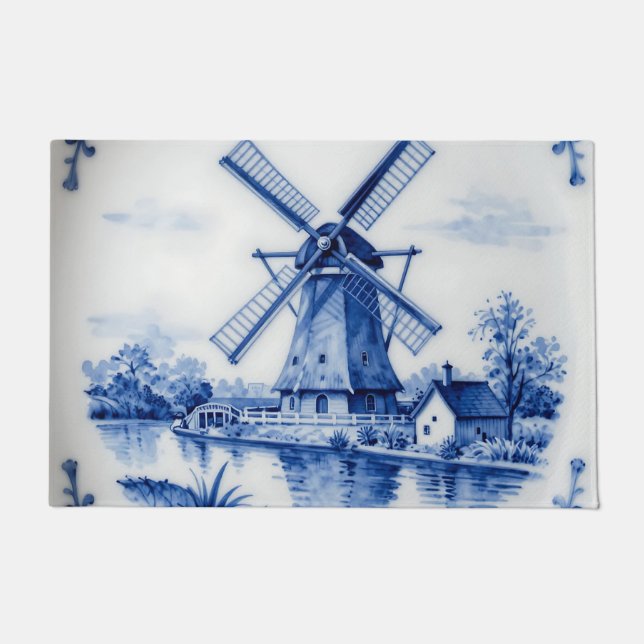 Classic Delft Blue Windmill Canal Scene Doormat (Front)